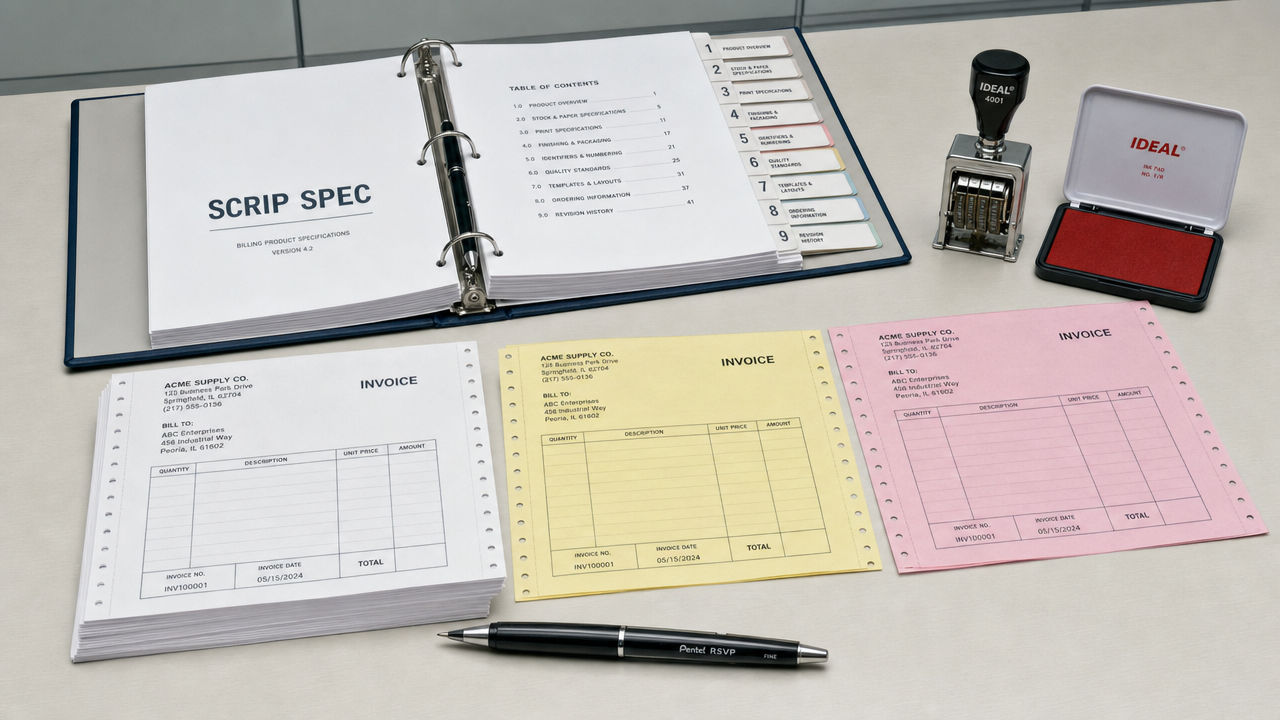 A printed Scrip specification binder open on a fluorescent desk, ballpoint in the gutter.