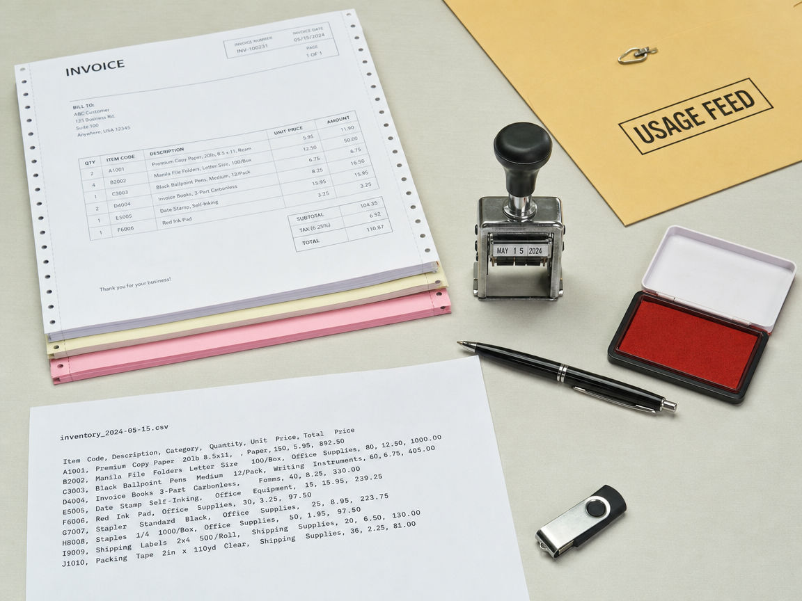 A manila envelope labeled usage feed, a printed CSV, and a USB stick on a fluorescent desk.