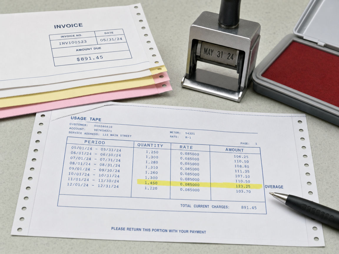A printed usage tape with columns for period, quantity, rate, and amount, one overage line highlighted.