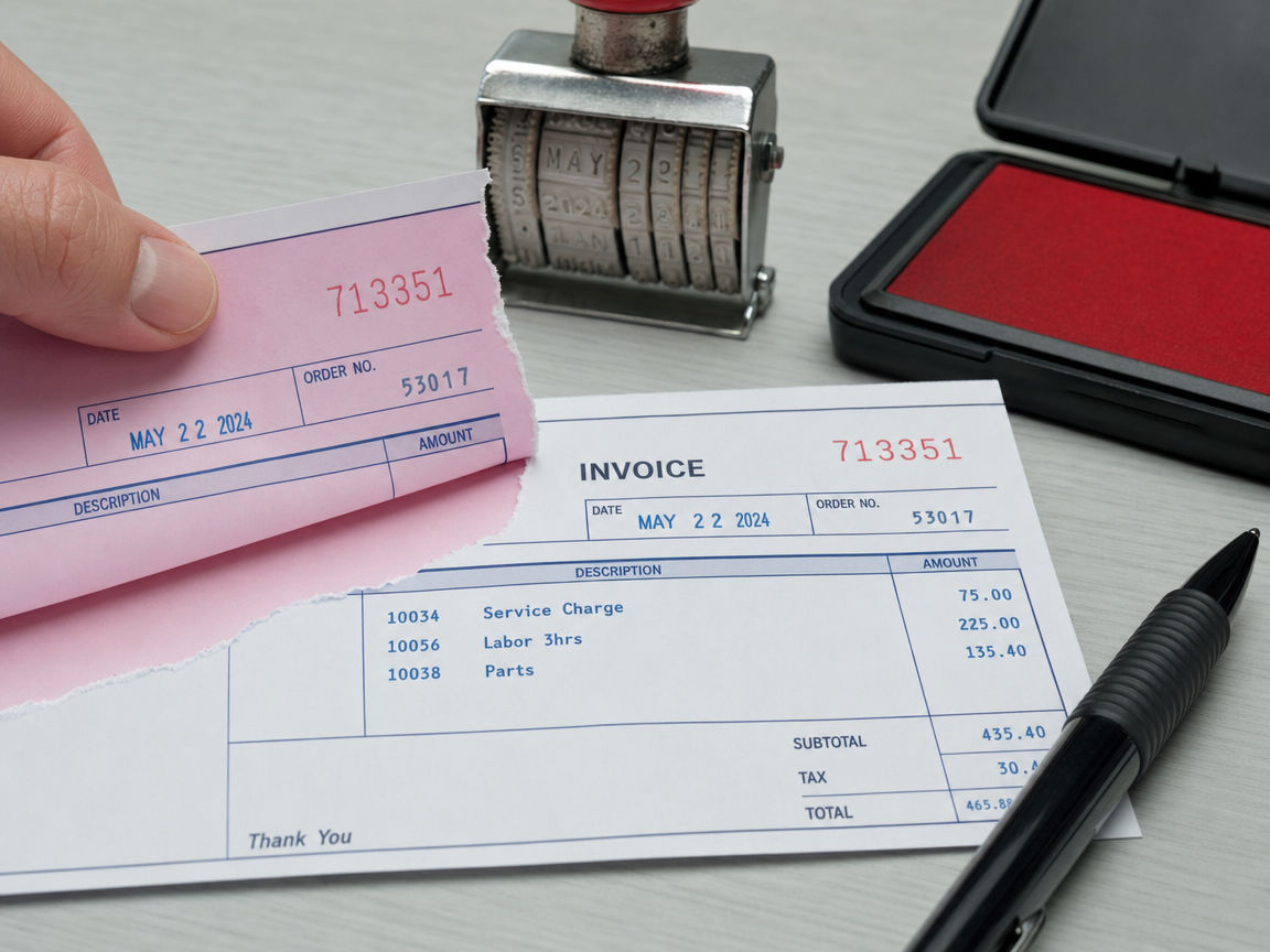 A perforated invoice stub torn along the dots, pink carbonless paper still attached to the white original.