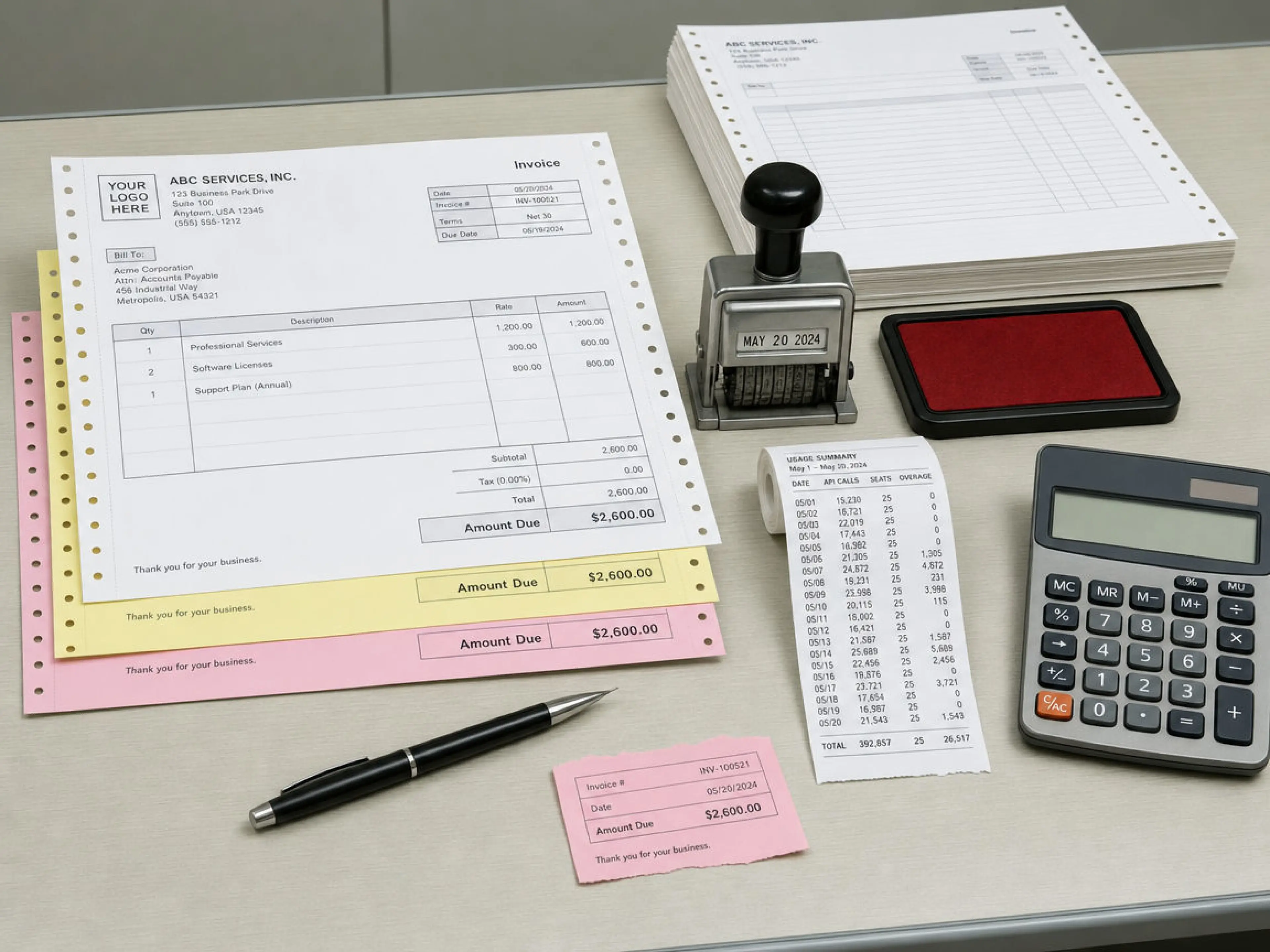 A printed usage tape beside a desktop calculator and a torn pink stub.