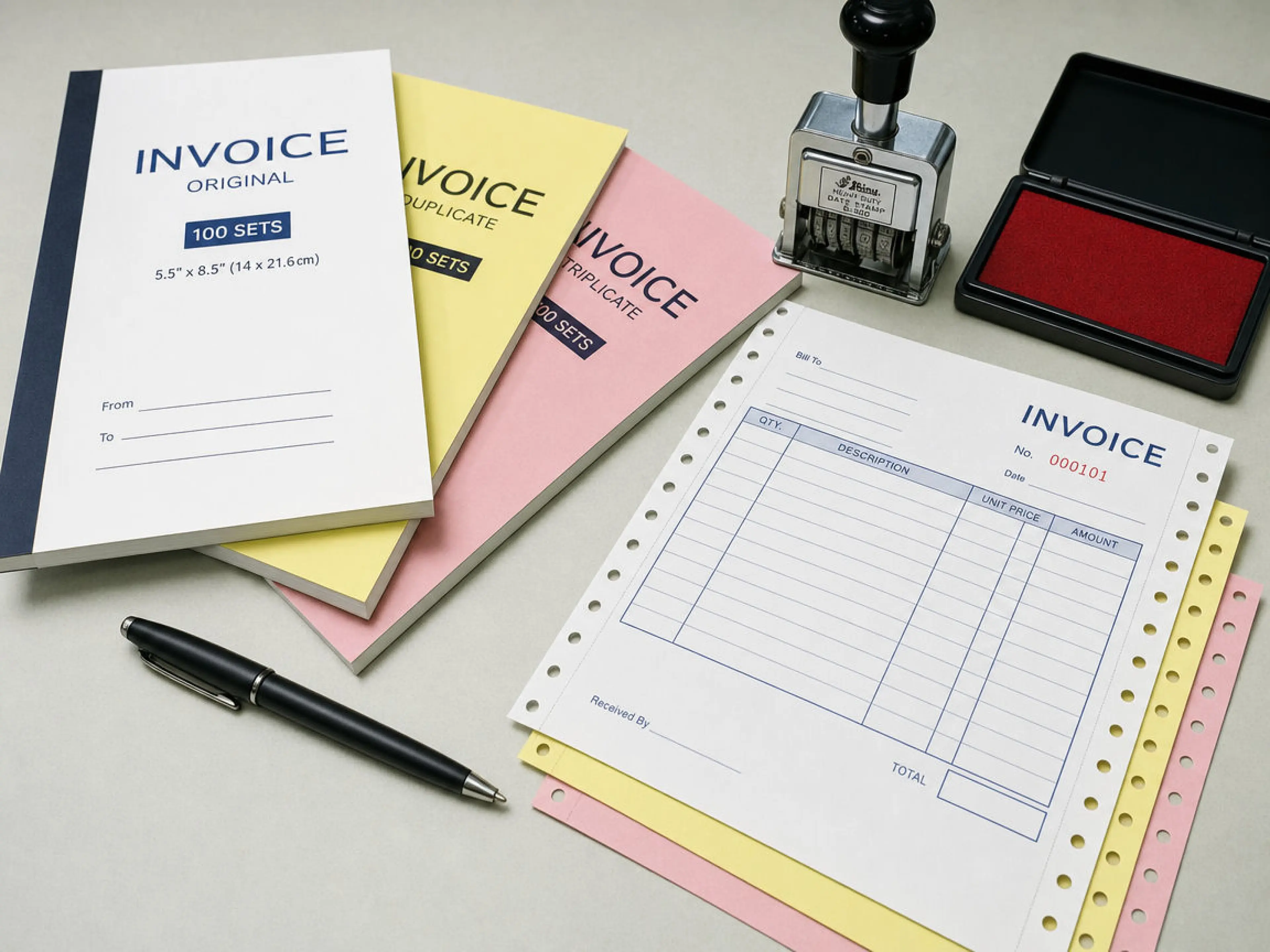 White, canary, and pink carbonless invoice books stacked beside a steel date stamp.